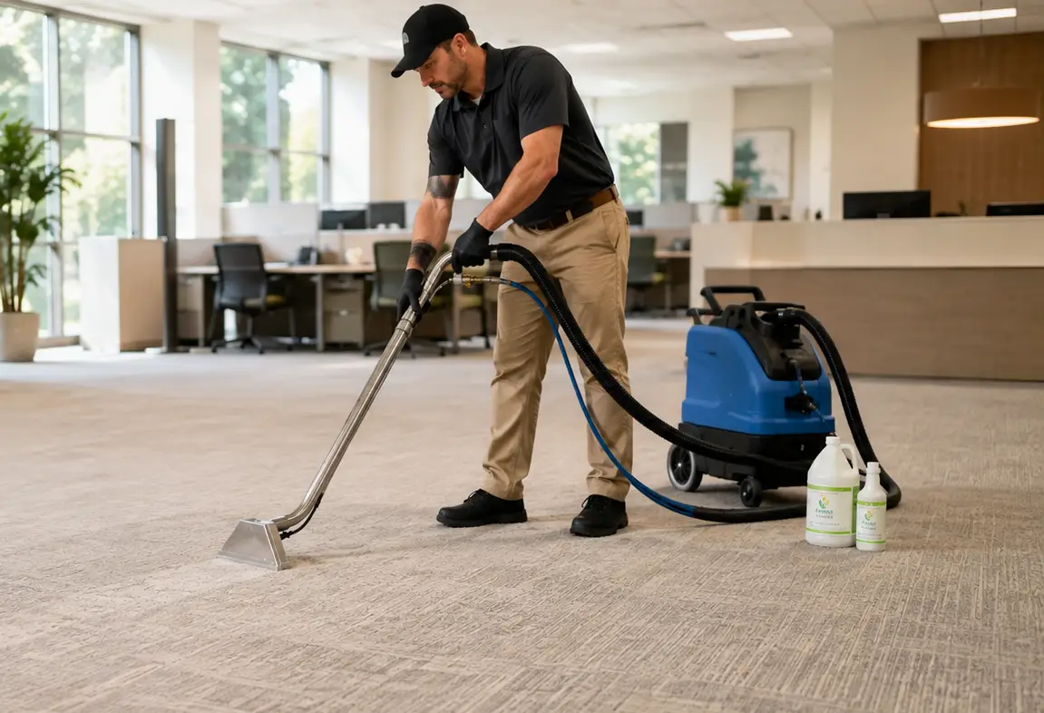 Technician operating a commercial carpet extractor in an office space with workstations in the background
